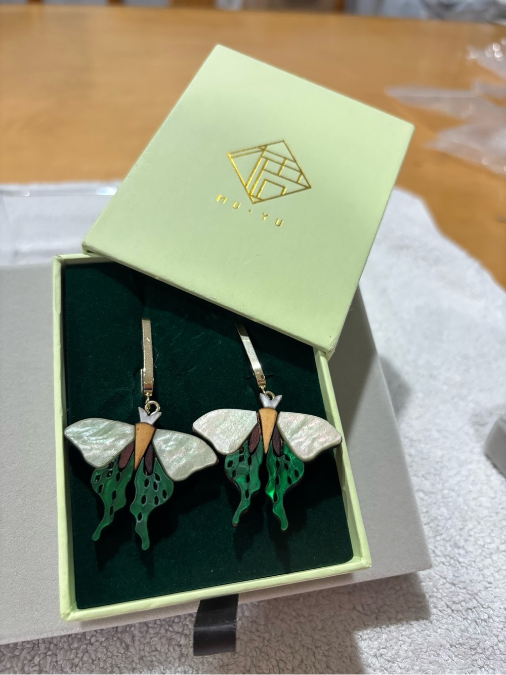 Green & White Butterfly Drop Earrings - Picture 13 of 14